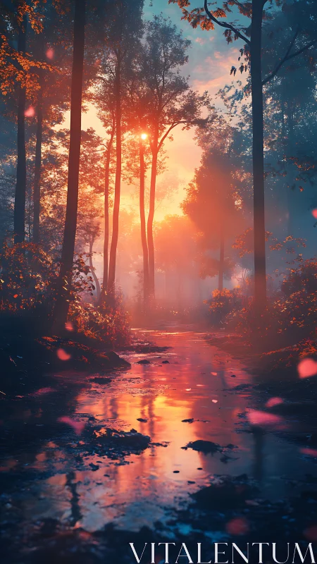 Luminous forest stream under cinematic sunset backlighting.