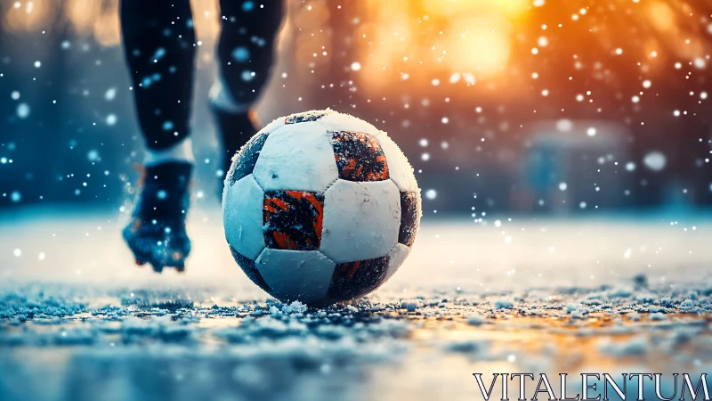 Snow-dusted soccer ball rolls across a glowing winter pitch.
