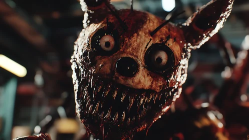 Photorealistic grotesque animatronic rabbit head close-up study.