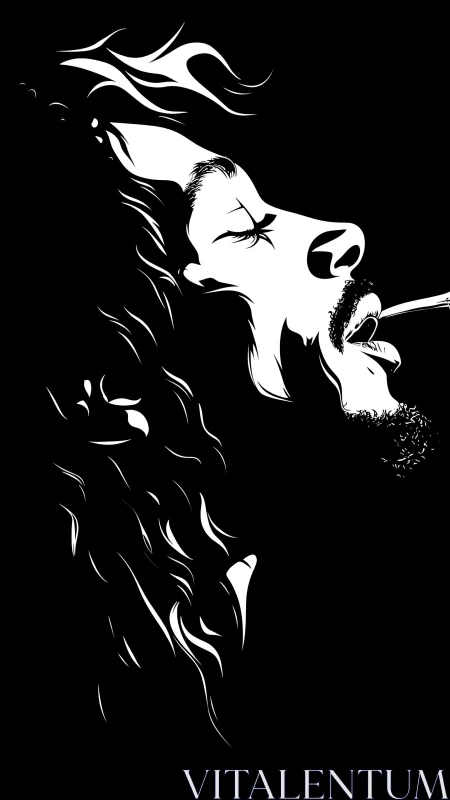 Monochrome side profile of smoking man in high contrast art.