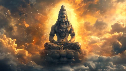 Golden celestial meditation among softly glowing clouds.