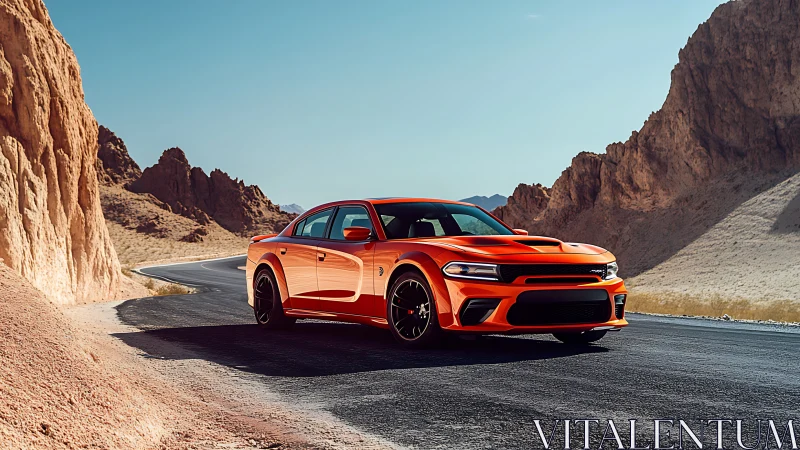 Sunburnt muscle car prowls a winding desert asphalt ribbon.