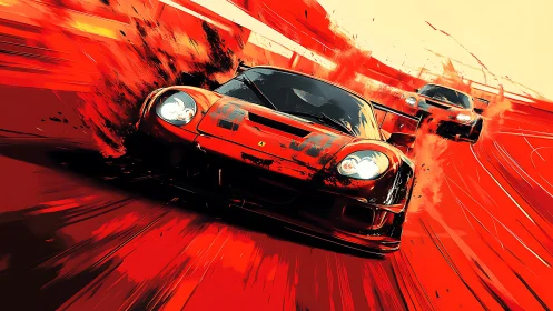 Red race cars drift aggressively through stylized track