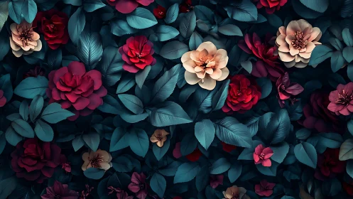 Floral arrangement with red and cream blooms among teal foliage.