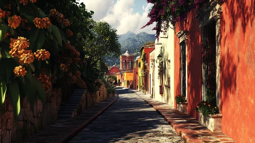 Sunlit colonial street renders detailed cobblestone perspective