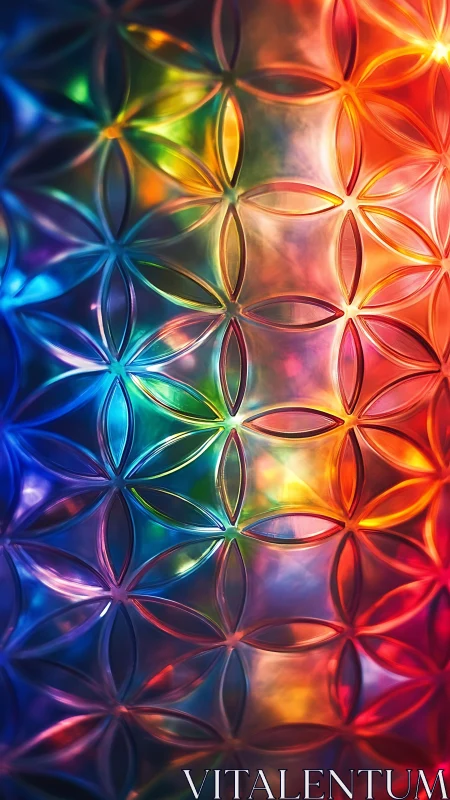 Iridescent floral geometry across luminous rainbow glass panel.