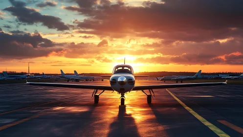 Sunlit single-engine aircraft aligned on wet runway at dusk.