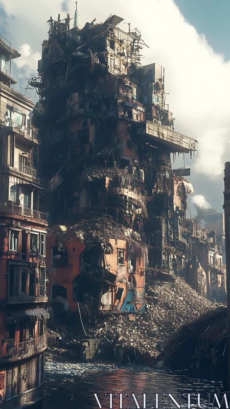 Towering ruined waterfront block rises above quiet canal