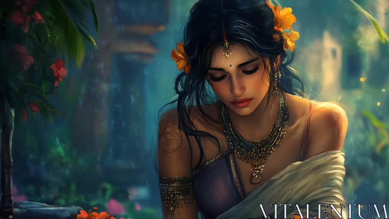 Melancholic woman in jeweled sari under soft tropical light.