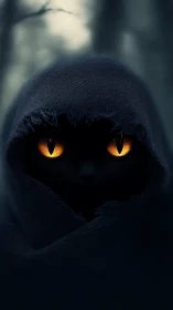 Cloaked black cat portrait with luminescent amber eyes.