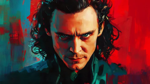 Intense male portrait in red teal abstract brushwork.