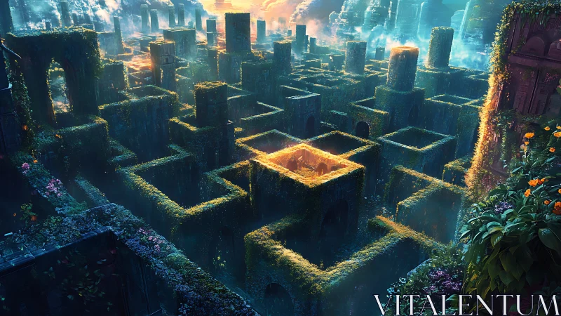 Sunlit ivy labyrinth guarding a secret golden courtyard.