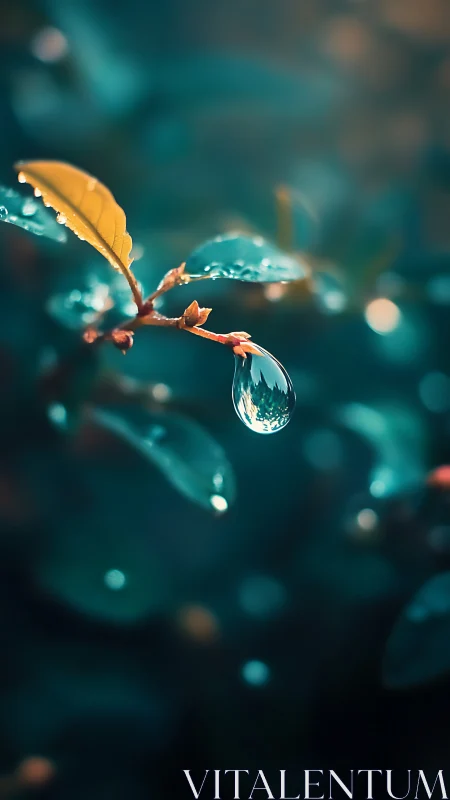 Morning dew clings to a leaf in tranquil teal bokeh haze