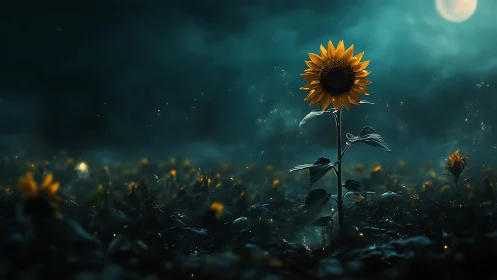 Single sunflower in dark misty field under full moon.
