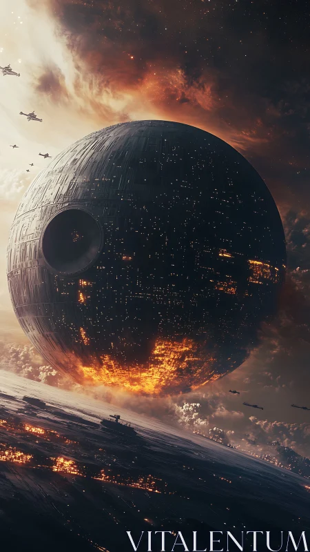 Massive burning space station sphere over war-torn planet.