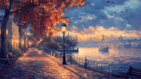 Autumn riverside promenade under glowing sunset sky.