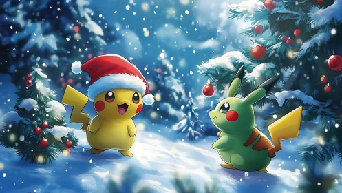 Pikachu Christmas scene with snowy forest lights and gifts.