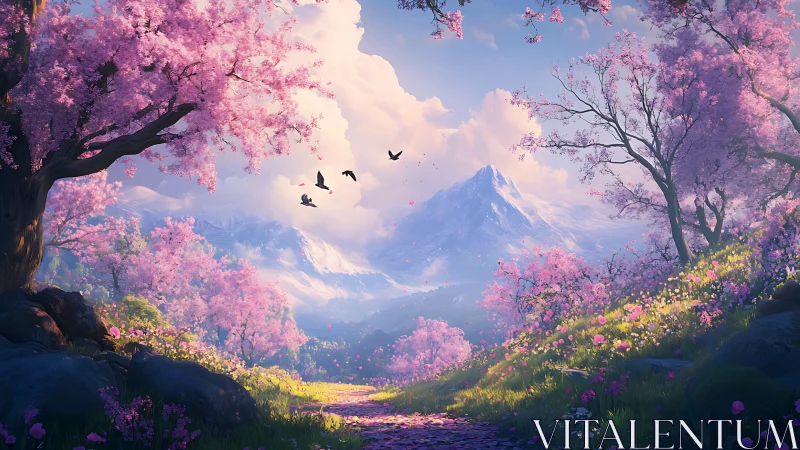 Cherry blossom valley frames snowcapped mountain sunrise.