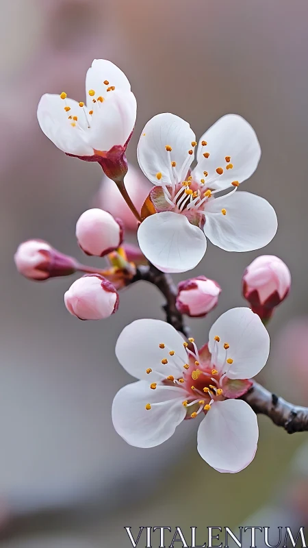 White blossoms with yellow stamens on branching stem display