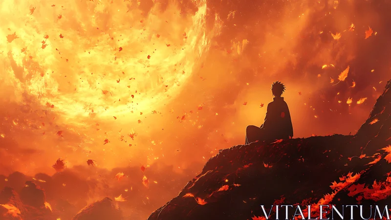 Lone watcher on ember cliffs beneath a burning autumn sun.