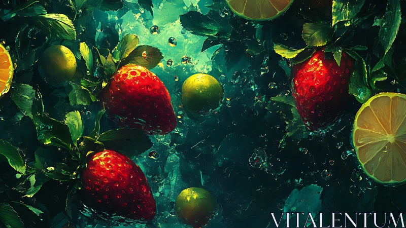 Vivid strawberries and citrus slices swirling through water.