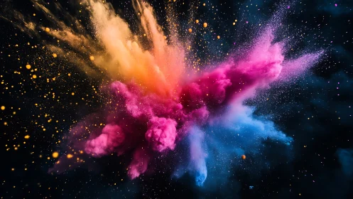 Vibrant color powder explosion on deep black background.