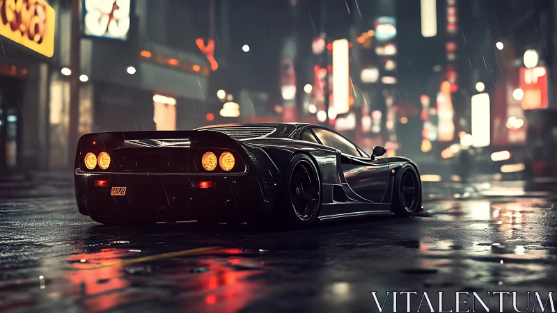 Midnight supercar hums through neon rain and glistening streets