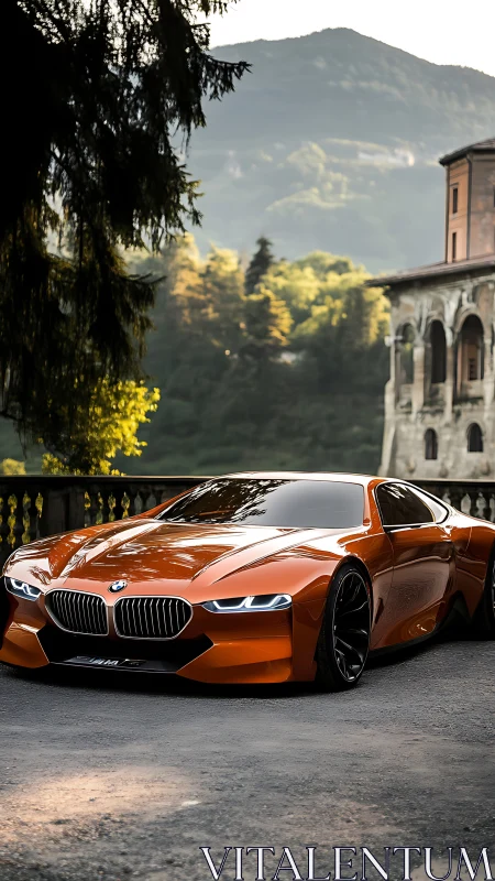 Aerodynamic BMW concept coupe in alpine architectural setting.