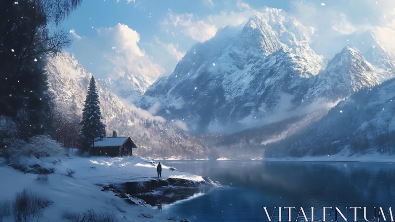 Quiet winter cabin beside mirror lake under soft mountains.