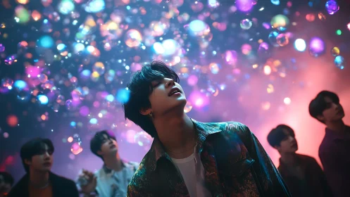 Young dreamers gaze at glowing bubbles in neon night haze