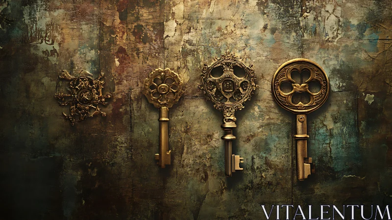 Four ornate brass keys rest aligned on distressed wall