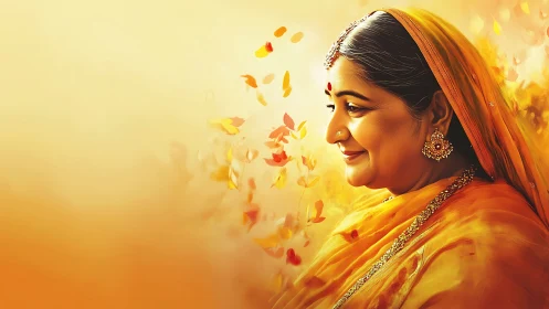 Elegant Indian Woman in Traditional Attire with Autumn Leaves, Digital Art.