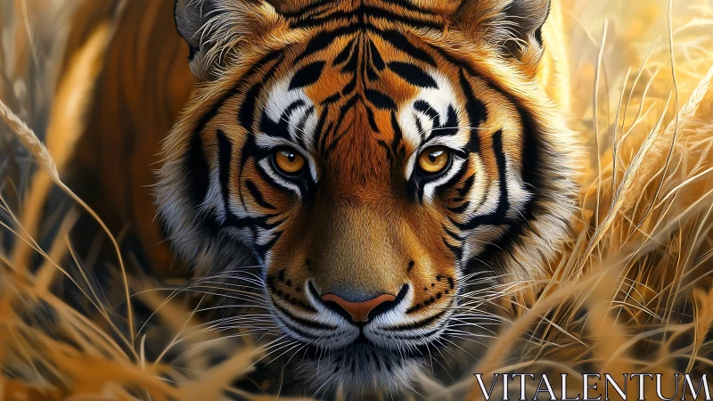 Tiger face close-up in tall golden grass at sunset light.