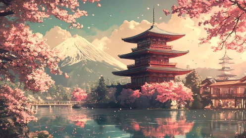 Cherry blossoms frame tranquil pagoda beside Mt Fuji.