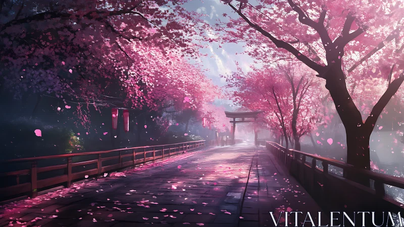 Sunlit cherry blossom path leading to a quiet shrine.