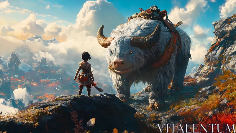 Young wanderer meets gentle mountain beast at sunrise.