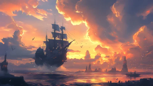 Soaring galleon over radiant sunset fantasy seascape.