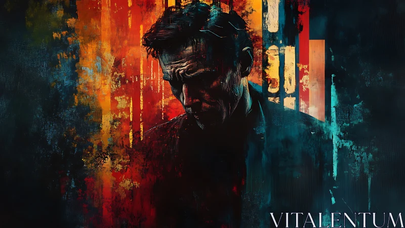 Brooding male portrait in fractured neon chiaroscuro palette.