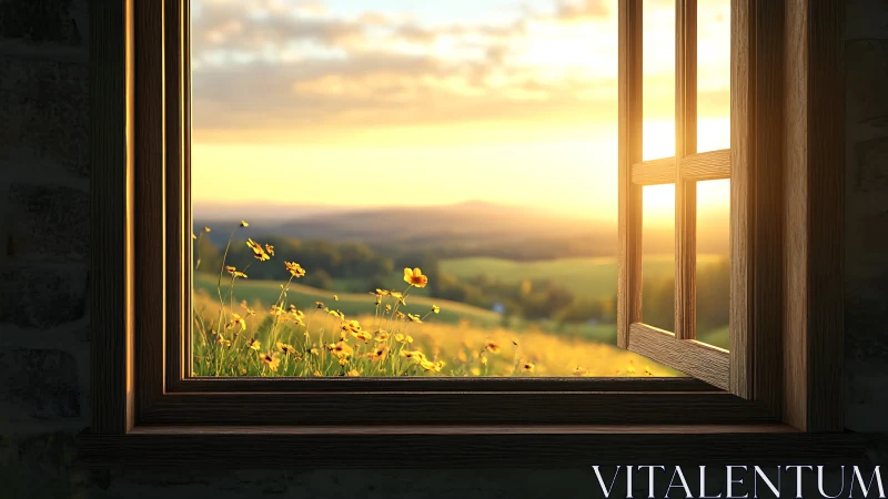 Open wooden window overlooking sunlit rural flower field.