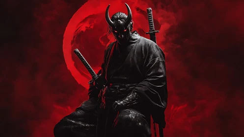 Demonic samurai warrior broods before a blood-red eclipse.