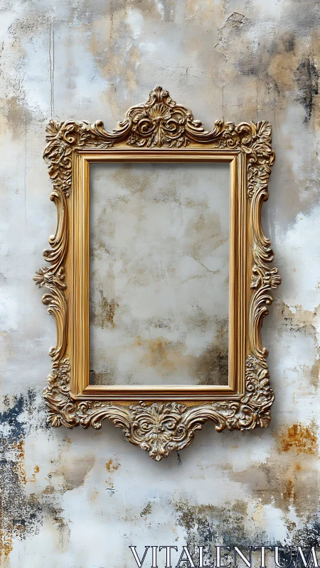 Baroque gilt frame hangs against distressed patina wall surface
