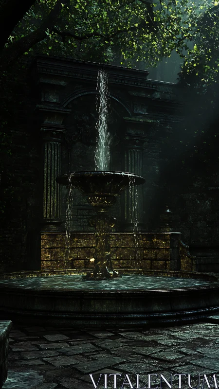 Stone courtyard fountain beneath dense overhanging foliage.