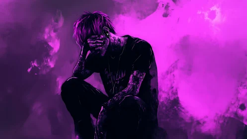 Solitary figure sinks into neon purple emotional darkness