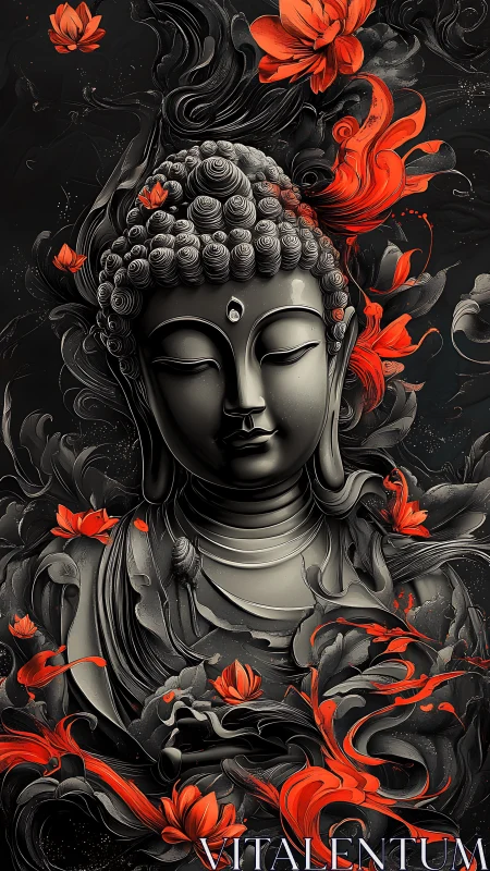 Serene Buddha wrapped in swirling charcoal and ember blooms.