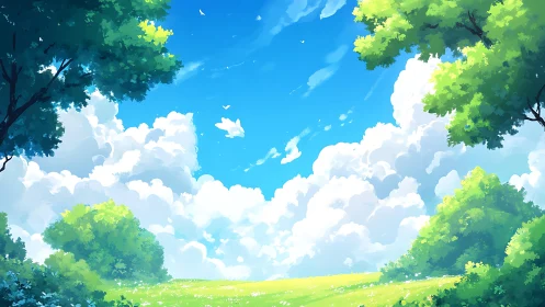 Expansive summer meadow under cumulus sky in anime style