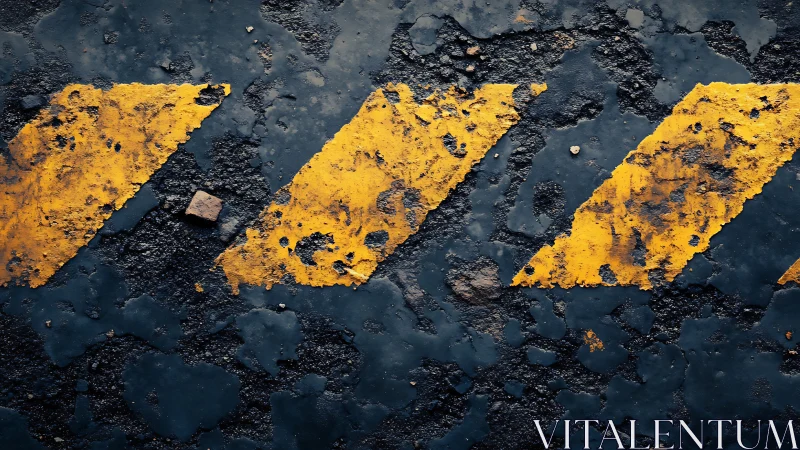 Weathered yellow chevrons brightening a rugged roadway.