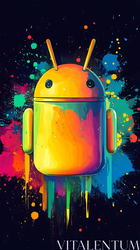 Vibrant Android robot drenched in neon paint splashes.