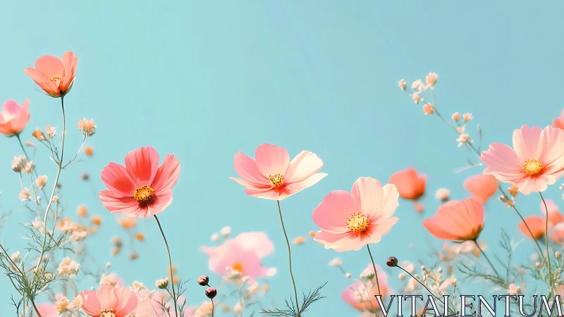 Cosmos flowers against clear sky background.