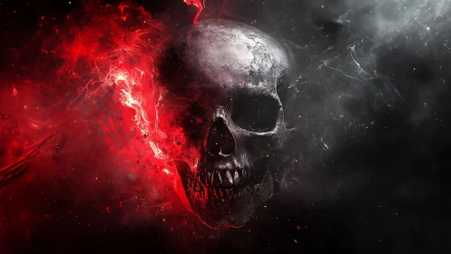 Burning skull emerging from red and black swirling smoke.