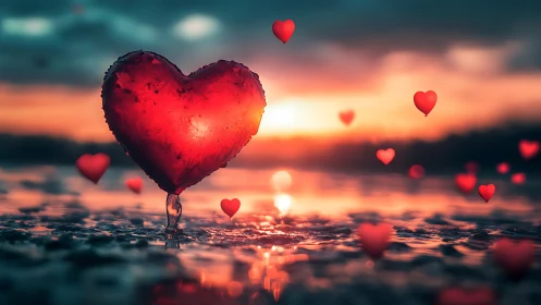 Floating heart balloon at sunset over tranquil water.